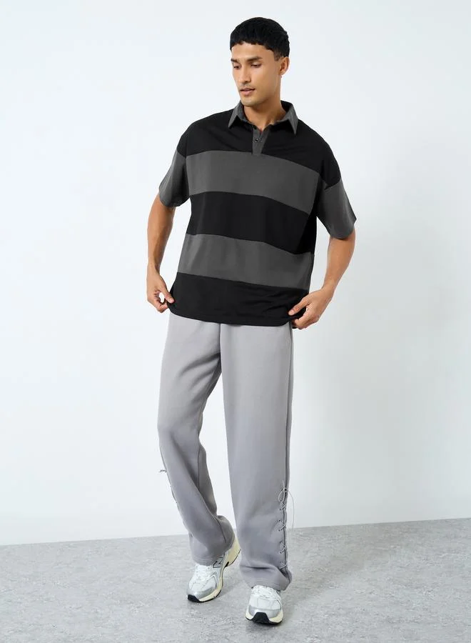 Styli Styli Men Black Striped Oversized Polo T-Shirt